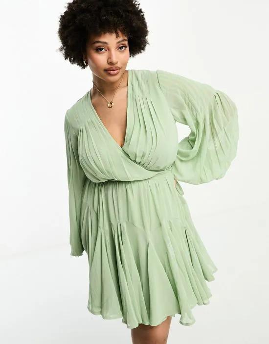 ASOS DESIGN Curve wrap balloon sleeve mini dress with tie waist detail in sage green