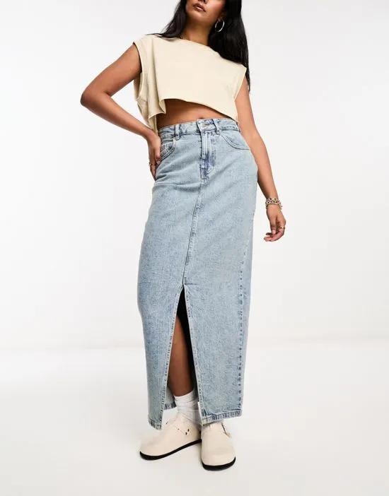 ASOS DESIGN denim midi skirt with split hem in midwash