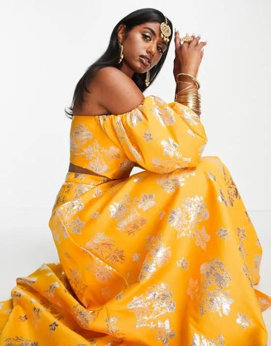 ASOS DESIGN floral jacquard lehenga top in apricot - part of a set