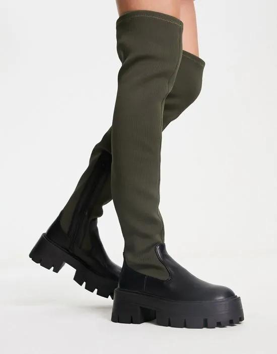 ASOS DESIGN Kellis chunky flat over the knee boots in black and olive