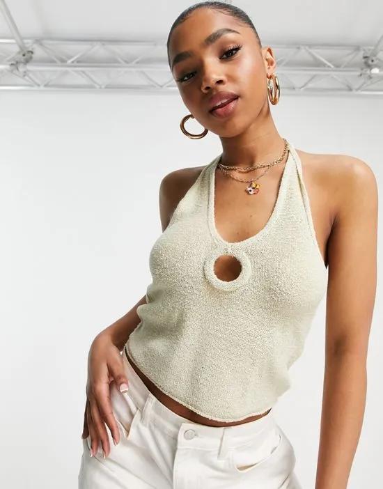 ASOS DESIGN knit halter neck top with ring detail in stone