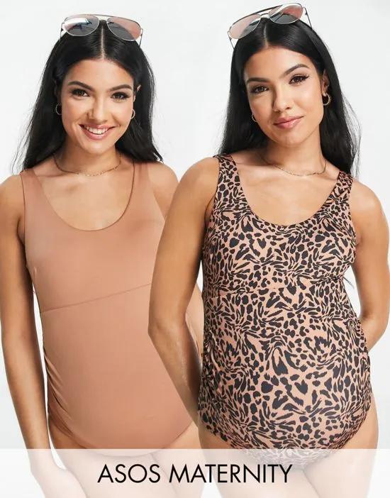 ASOS DESIGN Maternity 2 pack scoop neck swimsuit in animal print and brown