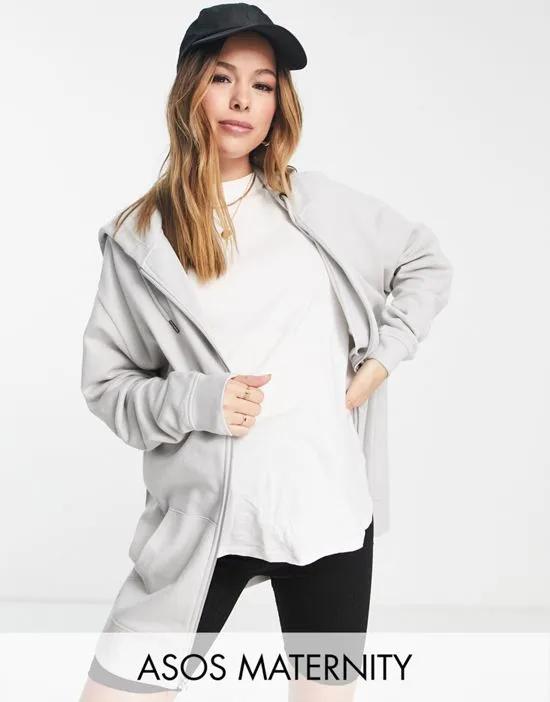 ASOS DESIGN Maternity oversized zip through hoodie in light gray