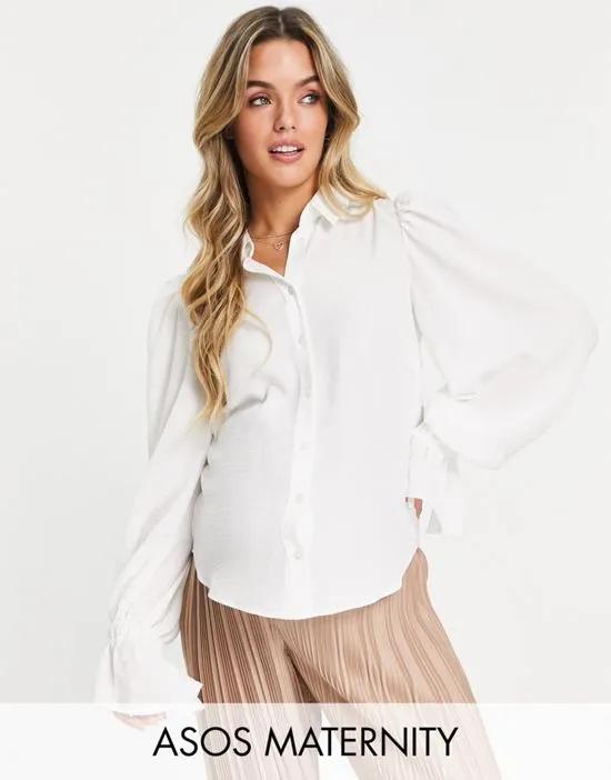 ASOS DESIGN Maternity volume sleeved soft shirt with ruffle cuffs in ivory