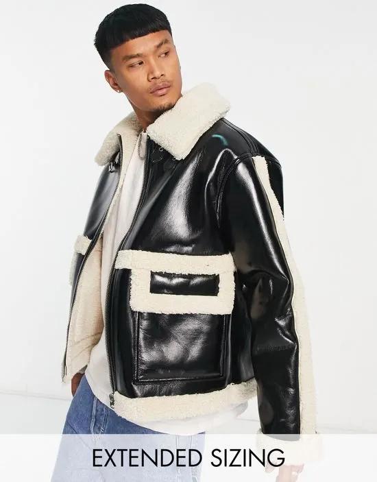 ASOS DESIGN oversized faux leather jacket with faux shearling collar in black