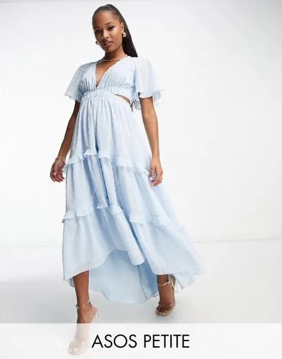ASOS DESIGN Petite angel sleeve plunge textured tiered maxi dress with cut out and rouleaux detail in baby blue