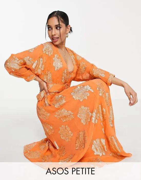 ASOS DESIGN Petite belted batwing maxi tea dress in orange metallic jacquard