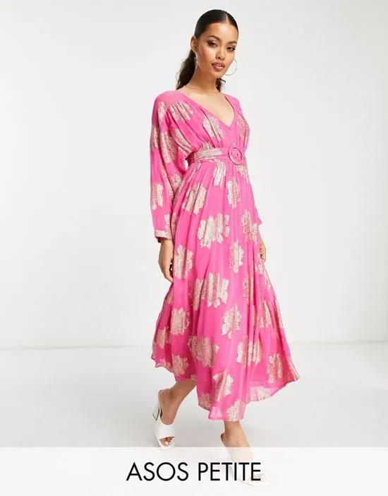 ASOS DESIGN Petite belted batwing maxi tea dress in pink metallic jacquard