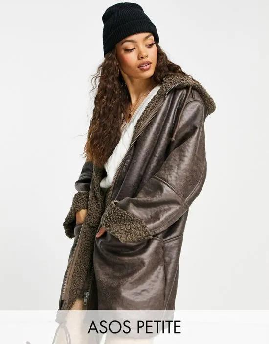 ASOS DESIGN Petite bonded shearling parka coat in brown