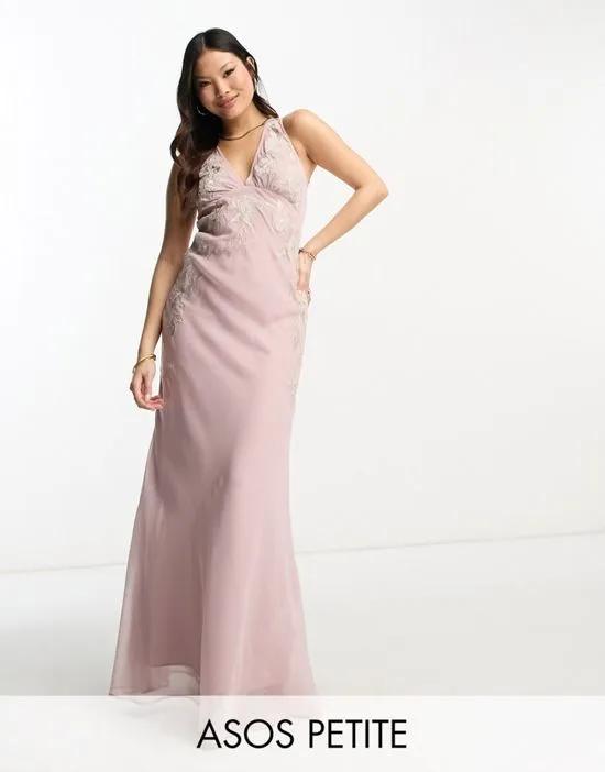 ASOS DESIGN Petite Bridesmaids sleeveless maxi dress with floral applique in rose
