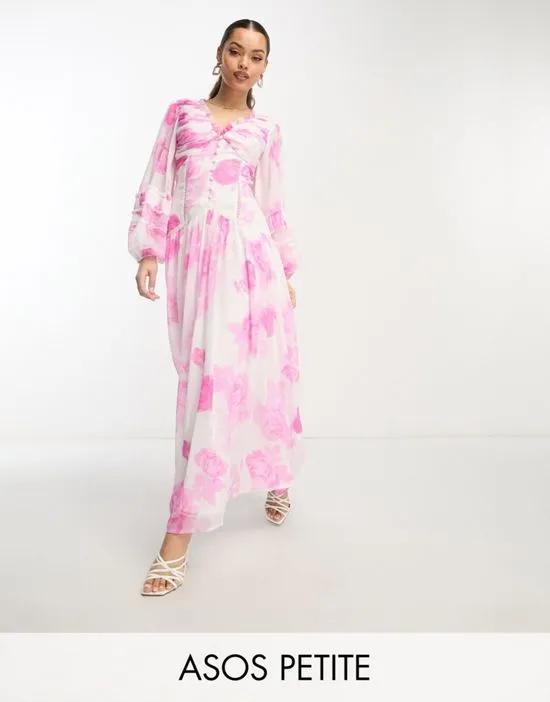 ASOS DESIGN Petite button through pintuck maxi dress with lace inserts in large pink floral print