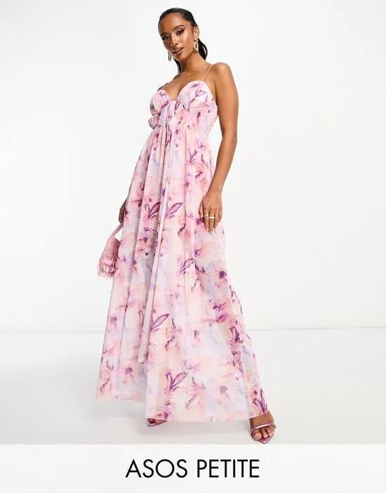 ASOS DESIGN Petite cami mesh maxi dress with sash in pink smudge print