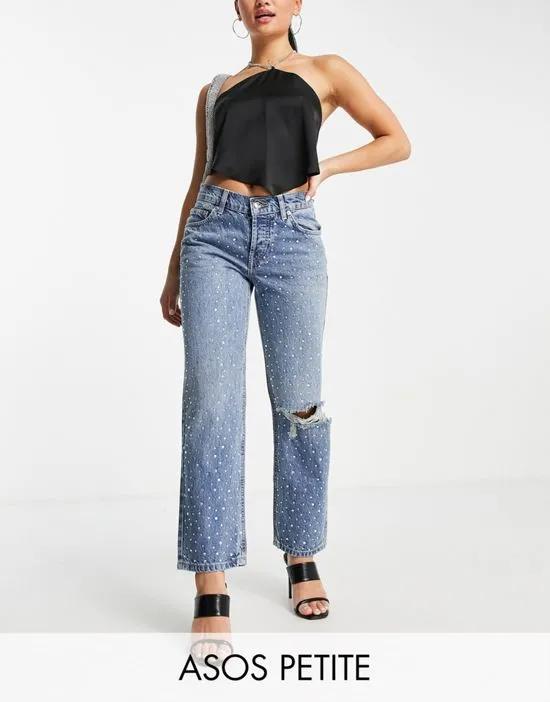 ASOS DESIGN Petite cotton blend low rise straight leg jeans in all over diamante hotfix with ripped knee - MBLUE