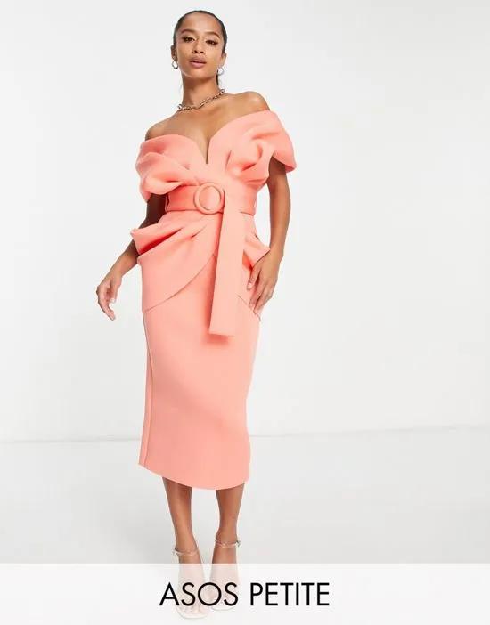 ASOS DESIGN Petite drape shoulder belted midi dress in pink