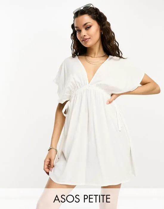ASOS DESIGN Petite flutter sleeve mini beach dress with channeled tie waist in white