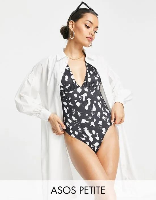 ASOS DESIGN Petite gathered plunge swimsuit in mono spot print
