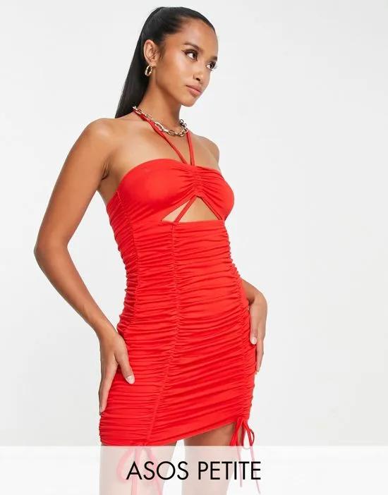 ASOS DESIGN Petite halter ruched keyhole mini dress in red