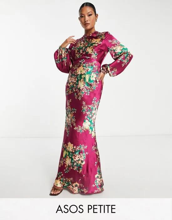 ASOS DESIGN Petite high neck bias cut maxi dress with large floral print in burgundy