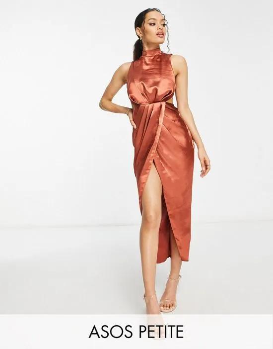 ASOS DESIGN Petite high neck satin midi dress with drape detail skirt in rust