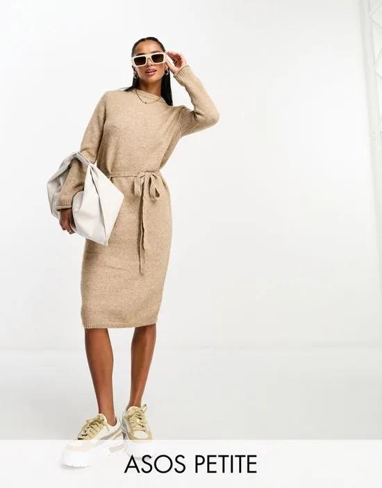 ASOS DESIGN Petite knit midi dress with tie waist in oatmeal
