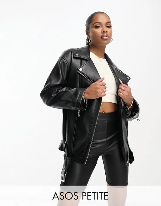ASOS DESIGN Petite longline oversized faux leather moto jacket in black