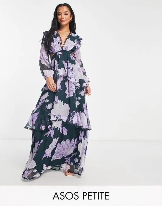 ASOS DESIGN Petite maxi dress with long sleeve with circle trim and embellishment in black based lilac floral print