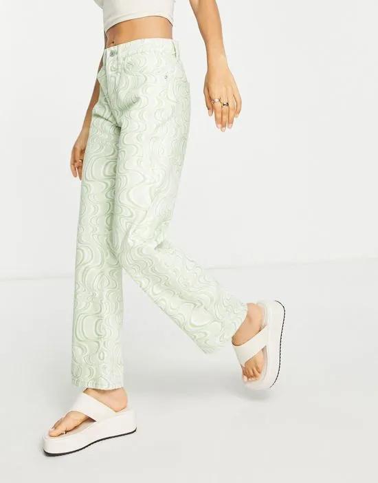 ASOS DESIGN Petite mid rise '90s' straight leg jean in green swirl print