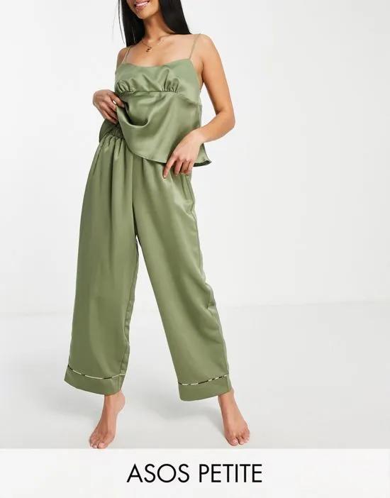 ASOS DESIGN Petite mix & match satin pajama pants with animal print piping in olive