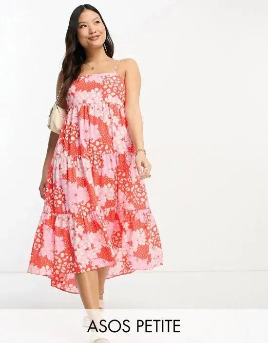 ASOS DESIGN Petite open back tiered hi low hem maxi dress in pink and red floral