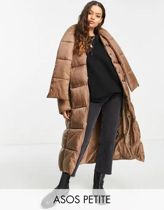 ASOS DESIGN Petite oversized puffer jacket with scarf in dark camel