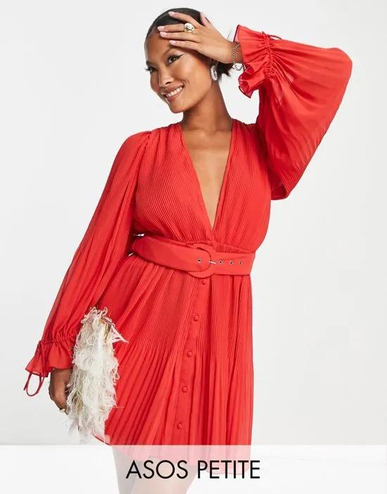 ASOS DESIGN Petite pleated blouson sleeve mini dress with belt detail in red