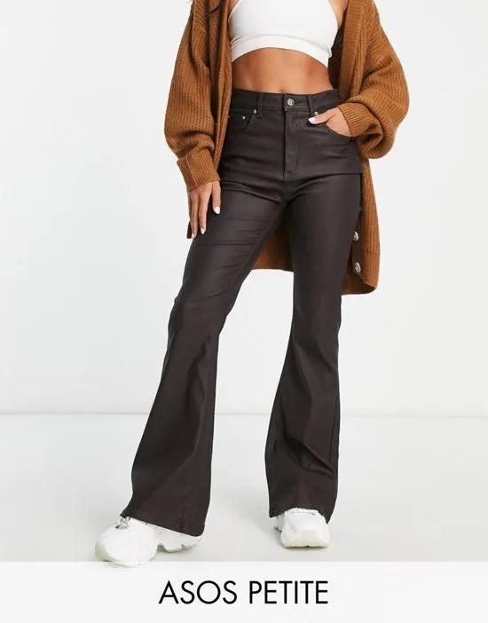 ASOS DESIGN Petite power stretch flared jeans in coated chocolate brown