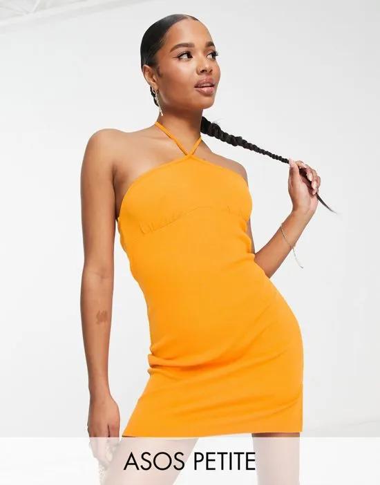ASOS DESIGN Petite rib halter mini dress with seam detail in orange