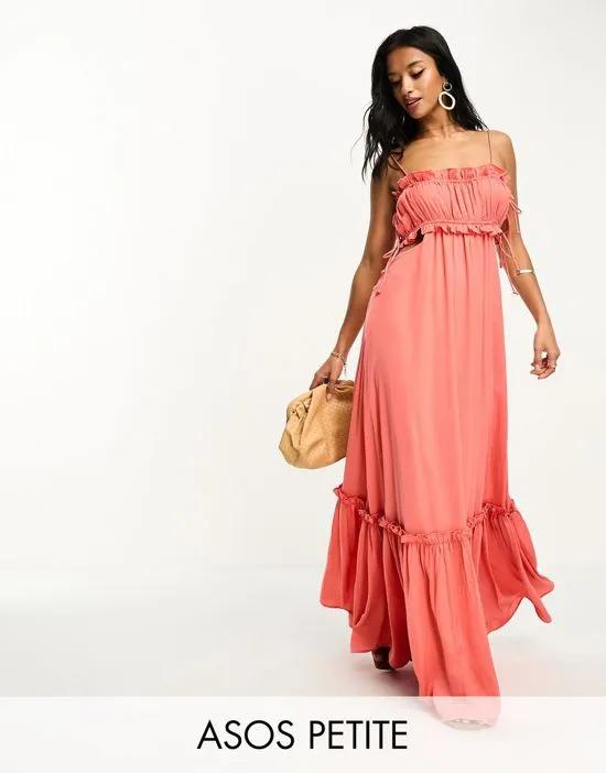 ASOS DESIGN Petite ruched bust satin maxi dress with tie detail and cut out in coral