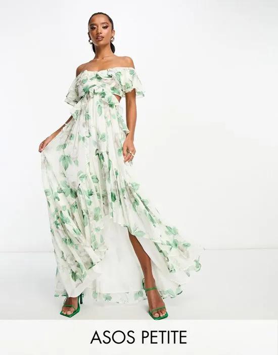 ASOS DESIGN Petite ruffle cut out off the shoulder maxi dress with hi low hem in stone floral print