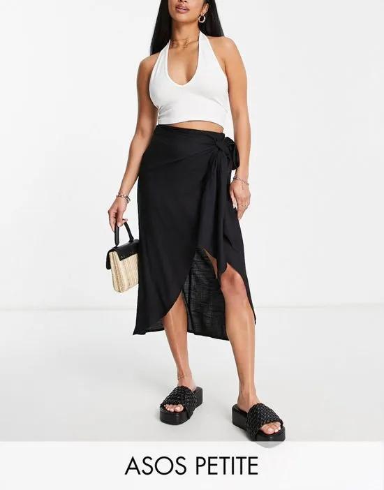 ASOS DESIGN Petite sarong wrap midi skirt in black