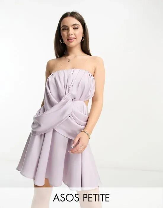 ASOS DESIGN Petite satin bandeau drape twist mini dress with cut out detail in lilac