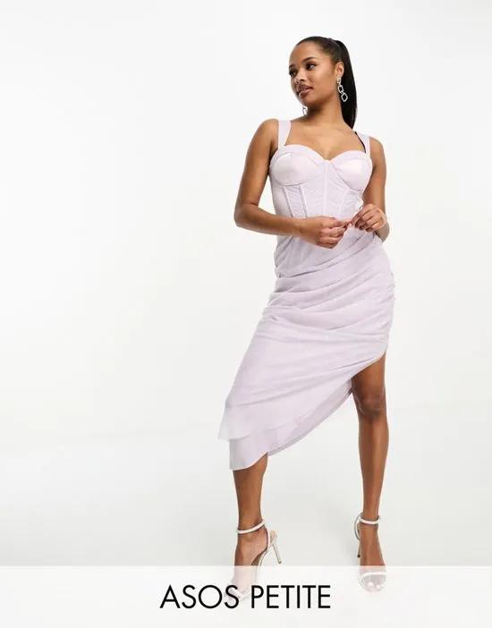 ASOS DESIGN Petite satin corset mesh ruched maxi dress in lilac