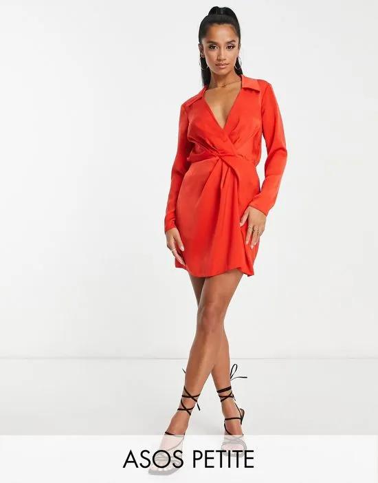 ASOS DESIGN Petite satin twist mini dress with collar in coral red
