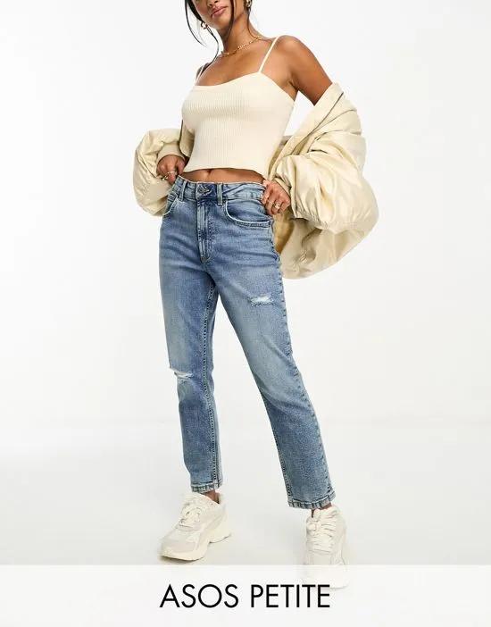 ASOS DESIGN Petite slim mom jeans in mid blue with rip