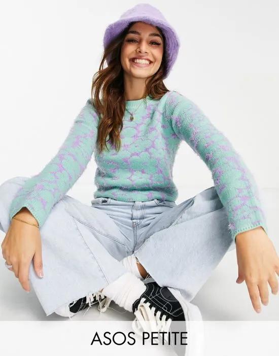 ASOS DESIGN Petite sweater in floral pattern in fluffy yarn