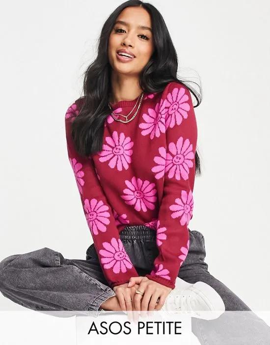 ASOS DESIGN Petite Sweater with flower and smile pattern in pink
