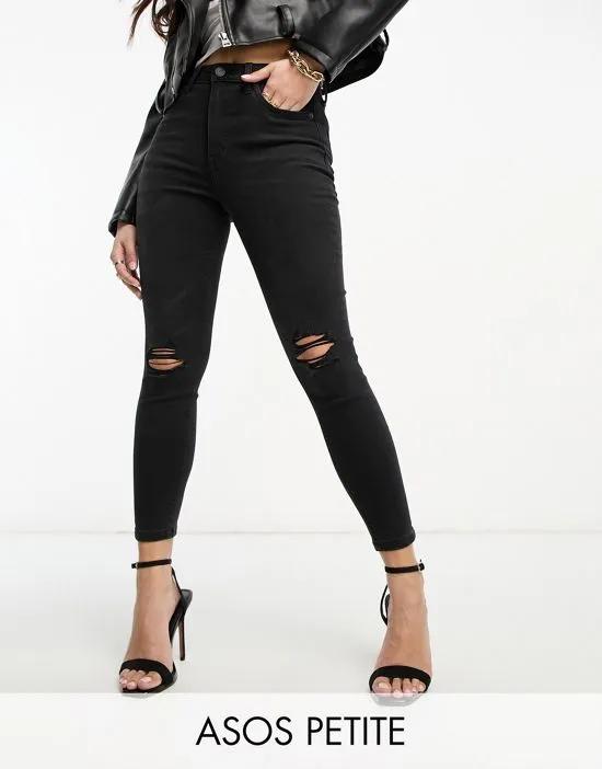 ASOS DESIGN Petite ultimate skinny jean in black with knee rips