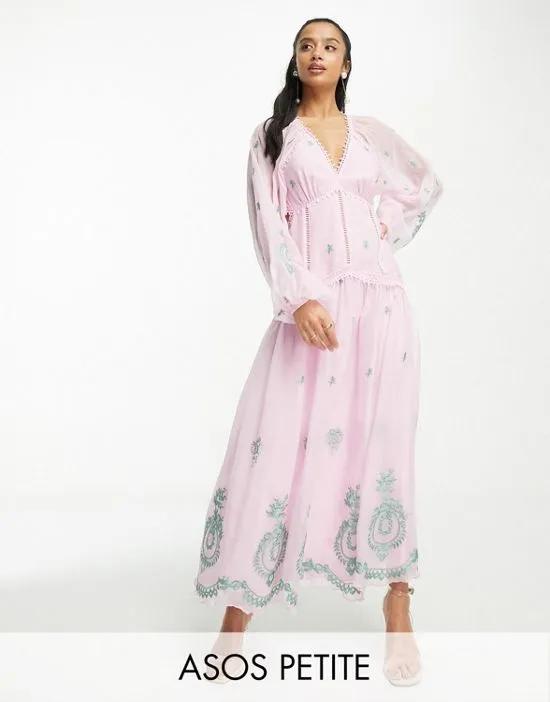ASOS DESIGN Petite v neck open back embroidered maxi dress with trim detail in pink