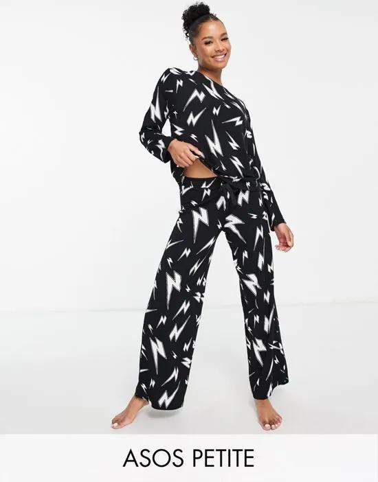 ASOS DESIGN Petite viscose lightning bolt long sleeve top & pants pajama set in black