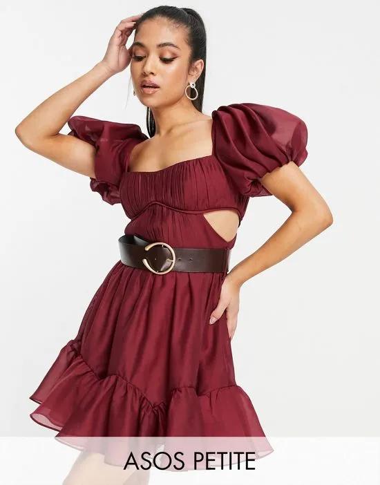 ASOS DESIGN Petite voile mini dress with pleated bodice and PU belt