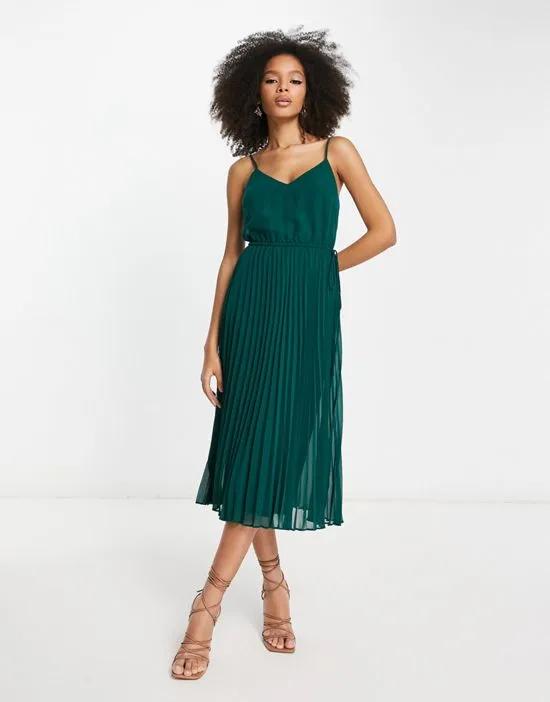 ASOS Design pleated cami midi dress with drawstring waist in green