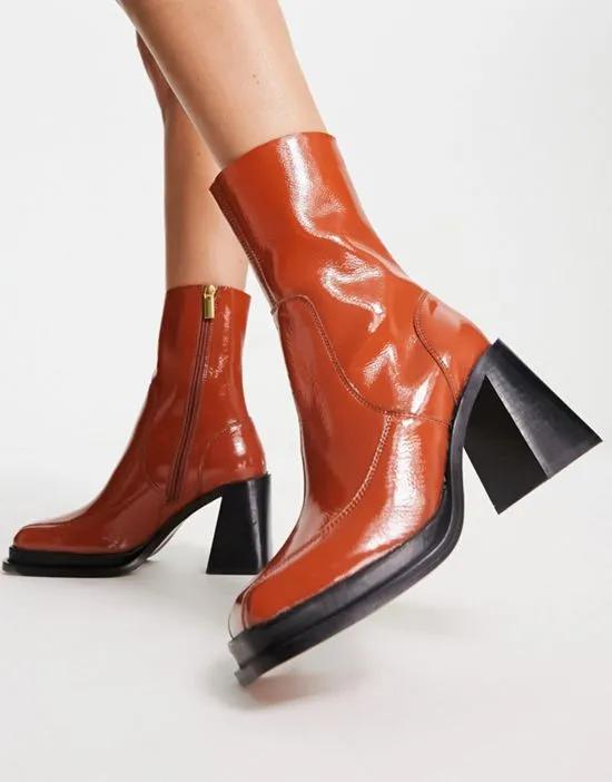 ASOS DESIGN Restore leather mid-heel boots in tan patent