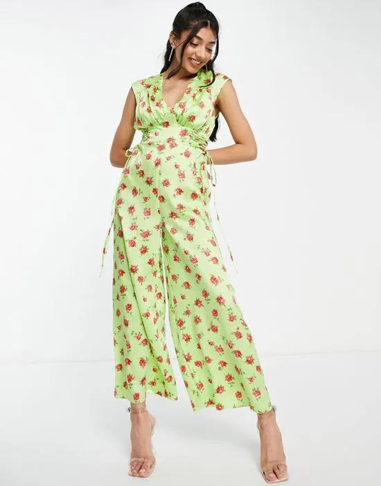 ASOS DESIGN satin tea lace up side jumpsuit in green floral print