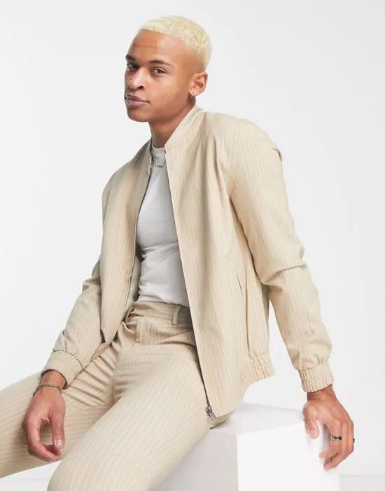 ASOS DESIGN smart bomber jacket in stone pinstripe - part of a set
